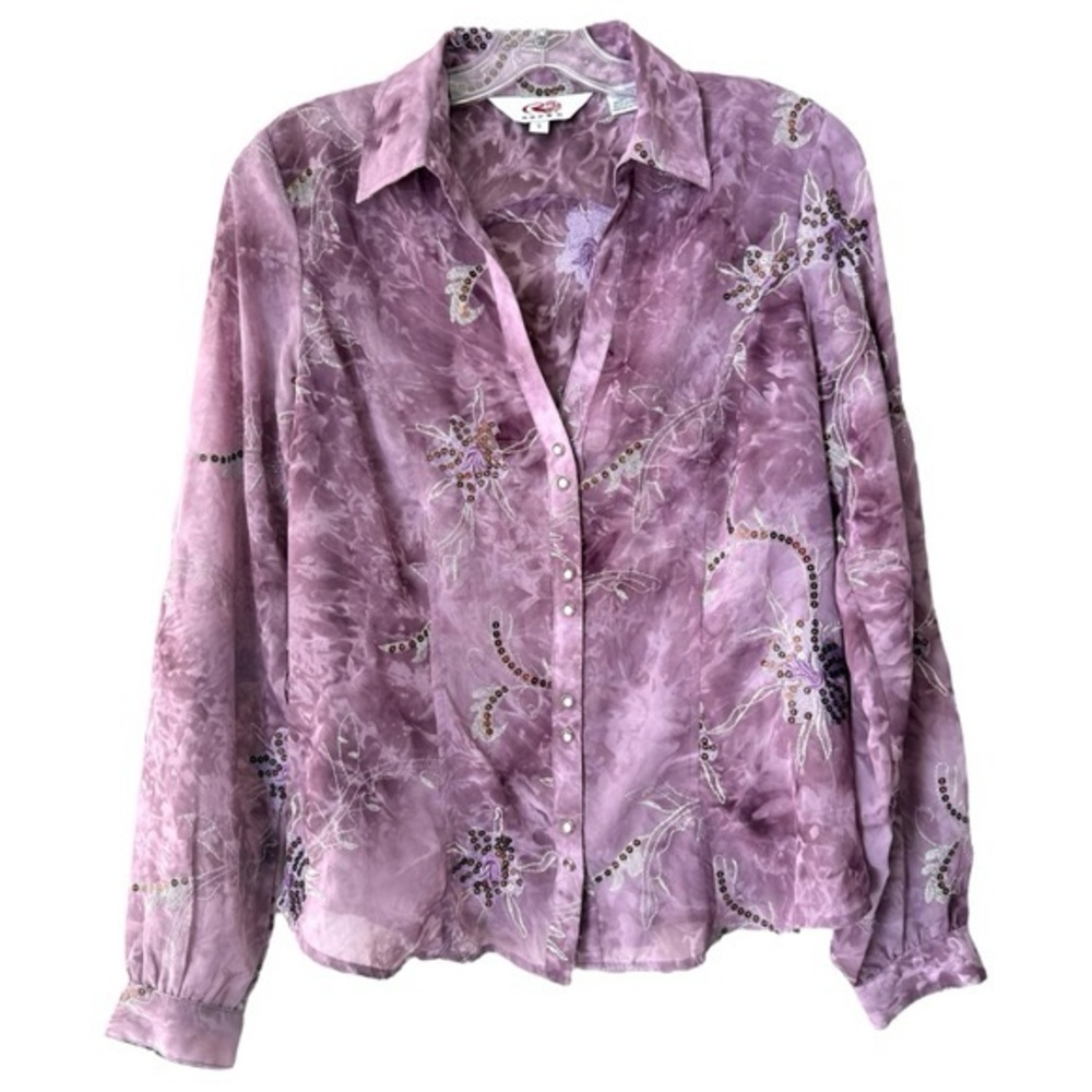 Vintage Y2K ROPER Sequin Floral Snap Button Shirt Size Small Purple Western
